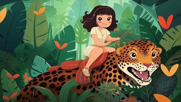 Girl riding on top of a Jaguar in the forest childrens illustration