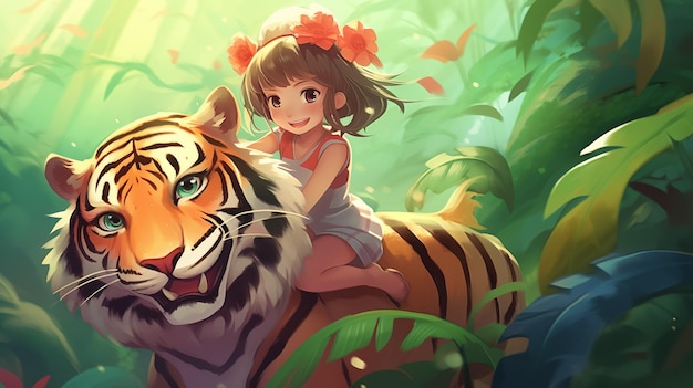 Girl riding on top of a tiger in the forest childrens illustration