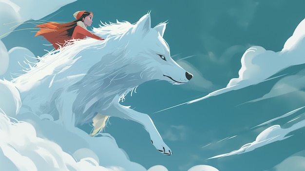 Girl riding a white wolf Childrens illustration