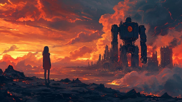 The girl and robot standing on rock path looking