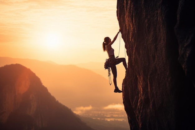 Girl Rock Climbing at Noon on a Cliff