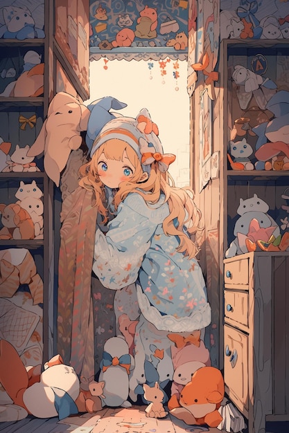 A girl in a room with a shelf full of stuffed animals.