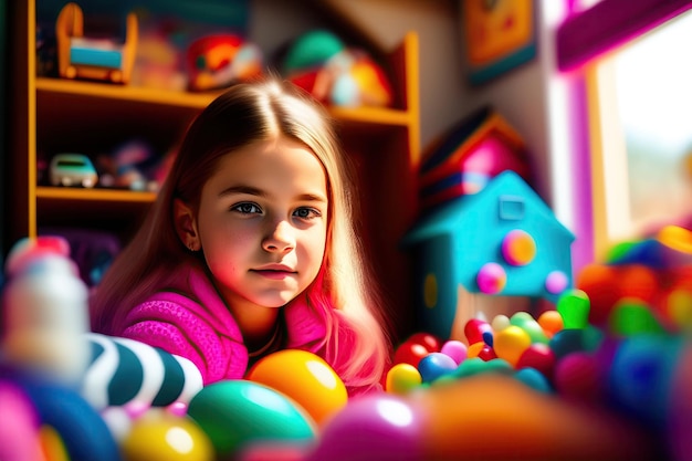 A girl in a room with a toy house in the background