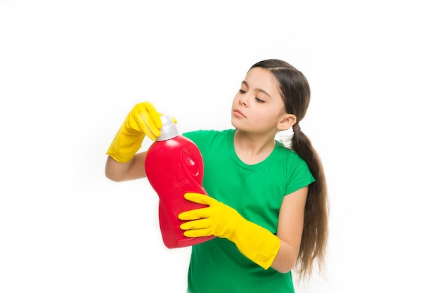 Girl in rubber gloves for cleaning hold big plastic bottle chemical soap liquid white background Help clean up Use professional product for cleaning Useful product housekeeping Cleaning supplies