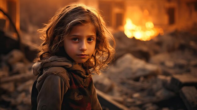 Girl among the ruins of buildings during the war