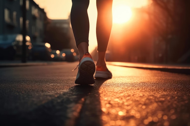 A Girl runner makes a morning run in a city street Sneaker shoes closeup Jogging running fitness