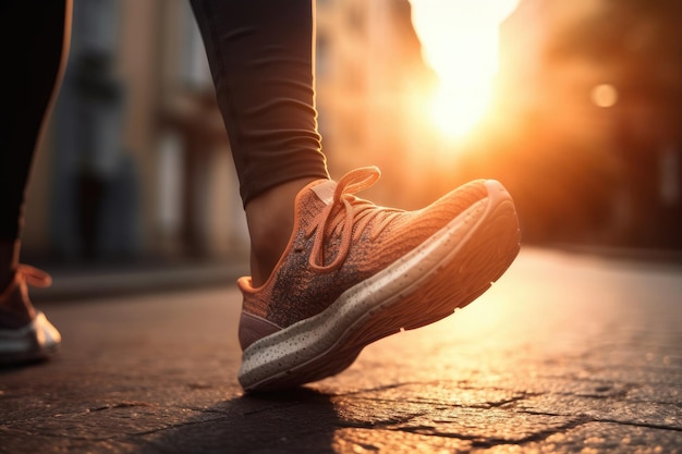 A Girl runner makes a morning run in a city street Sneaker shoes closeup Jogging running fitness