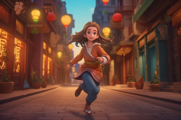 A girl running down a street in china