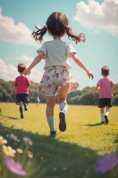 ピンクのシャツとショートパンツを着た男の子と一緒に野原を走っている女の子。