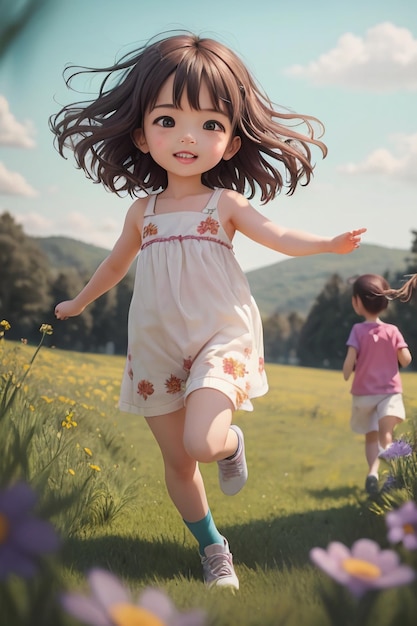 A girl running in a field with a sky background