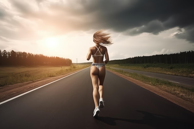 Girl running on the road back view AI