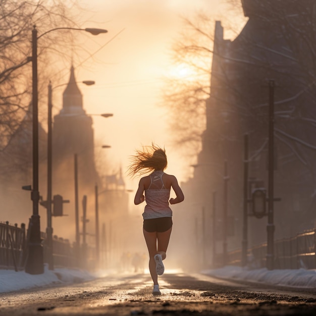 Girl running on the road through winter city landscape winter light