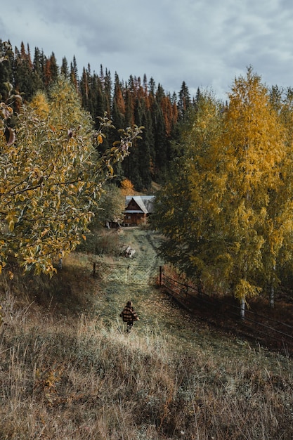 Фото Девушка бежит по деревьям на поле осенью.