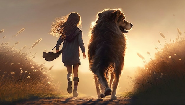 Girl running with a dog at morning Generative Ai