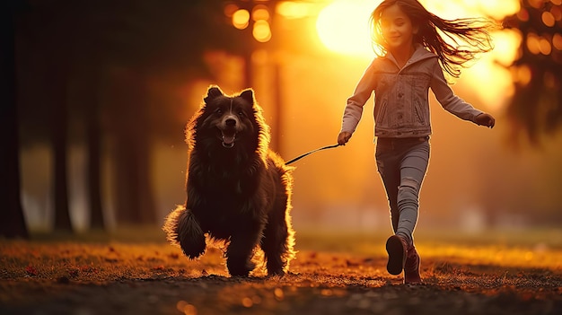 公園で犬と一緒に走っている女の子の幸せな家族の自由は、毛むくじゃらの犬と後ろから太陽からの夕日の眺めで公園の道に沿って走っている 10 代の女の子の子供の夢のコンセプトのシルエットです