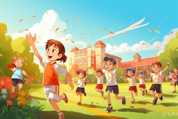 A girl running with her friends in a park vector art illustration