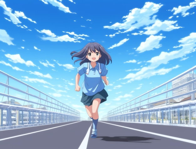 A girl runs down a road in a blue shir