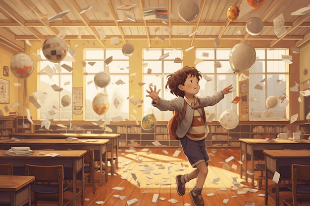 Photo a girl runs through a classroom with balloons flying through the air.