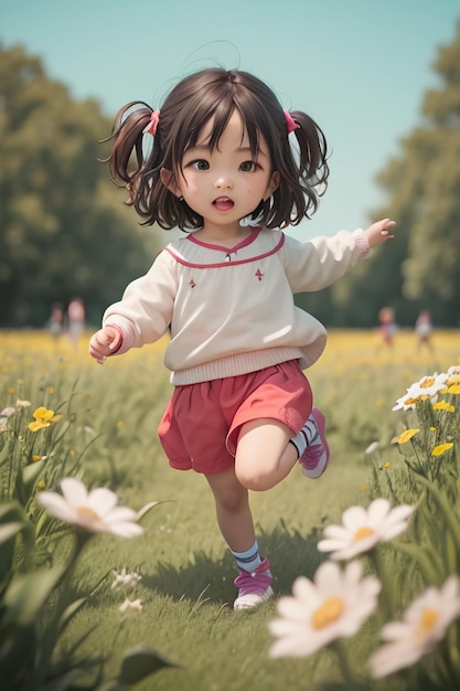 Девушка бежит через поле ромашек.