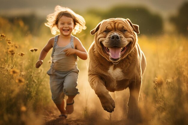 Photo a girl runs with a dog in a field