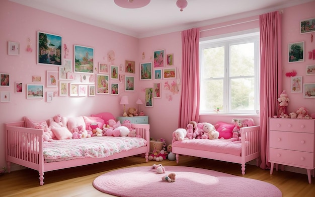 La camera da letto della ragazza è decorata in rosa con diversi letti, un  divano, bambole e quadri