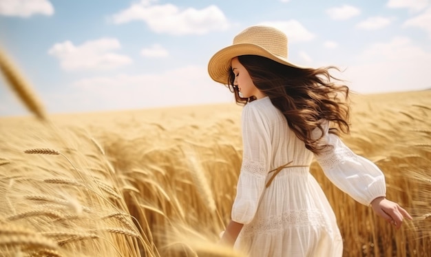 The girl's dress sways as she walks through the wheat field