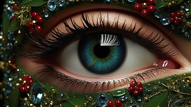 Photo girl's eye makeup the beauty of winter christmas makeup eyelashes cosmetic eye shadow creative