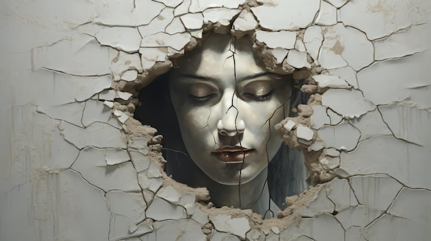 Лицо девушки видно через отверстие в стене.