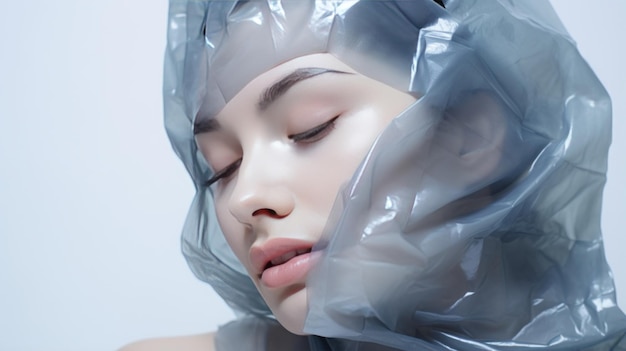 Girl's face in a plastic bag environmental pollution
