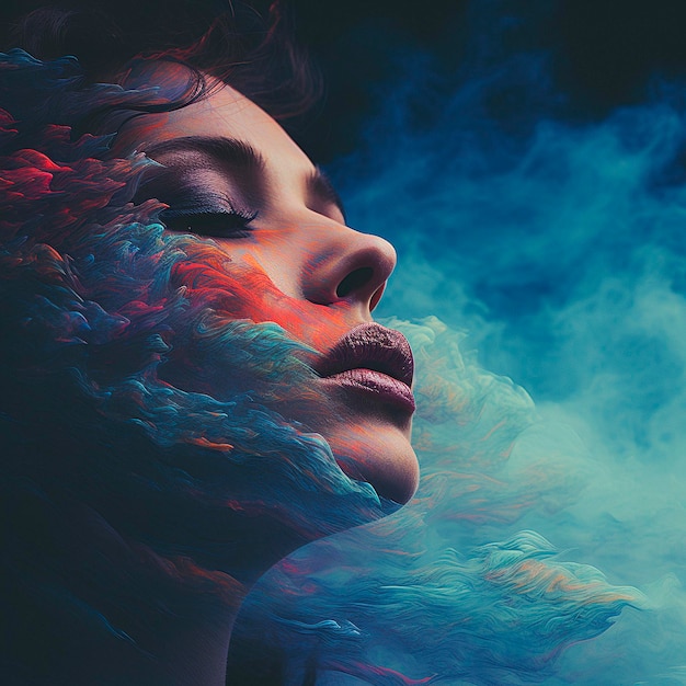 Photo the girl's face in profile dark blue and red fog around her high quality illustration