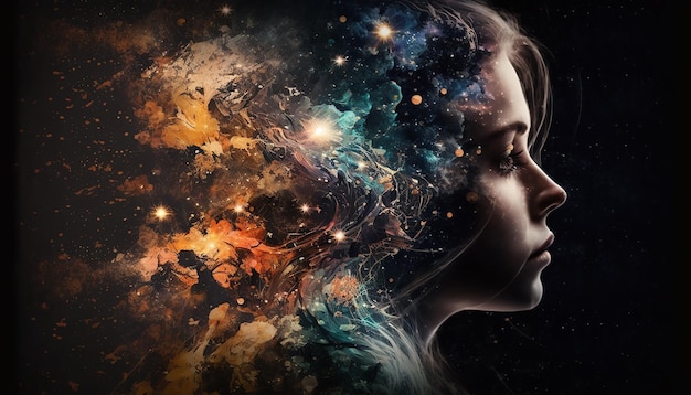 A girl's face with the words'galaxy'on it