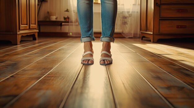 girl's feet on the background of the wooden floor created with Generative Al technology