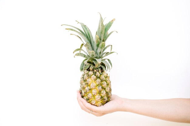 Girl's hand holding pineapple.