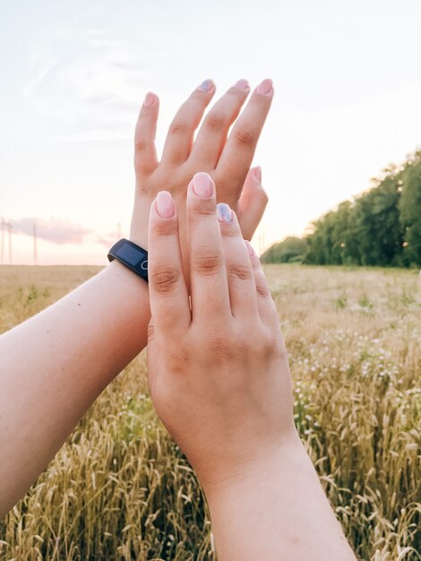 Girl's handen op de achtergrond van een tarweveld