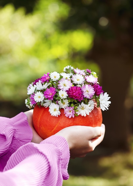 カラフルなアスターの花 init の美しい花束と手作りのカボチャの花瓶を保持している女の子の手