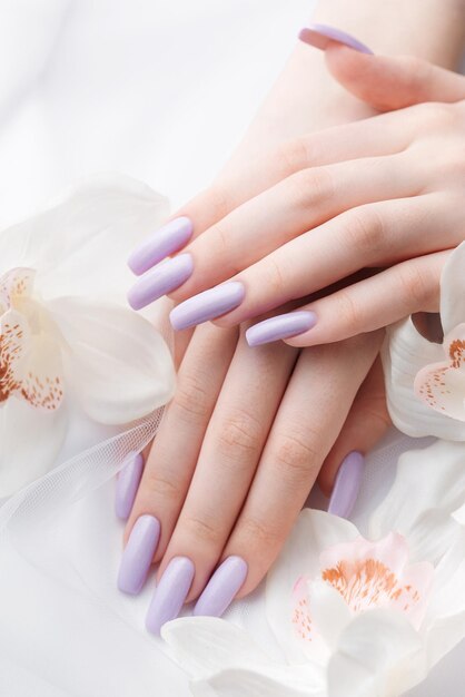 Girl's hands with delicate purple manicure and orchid flowers