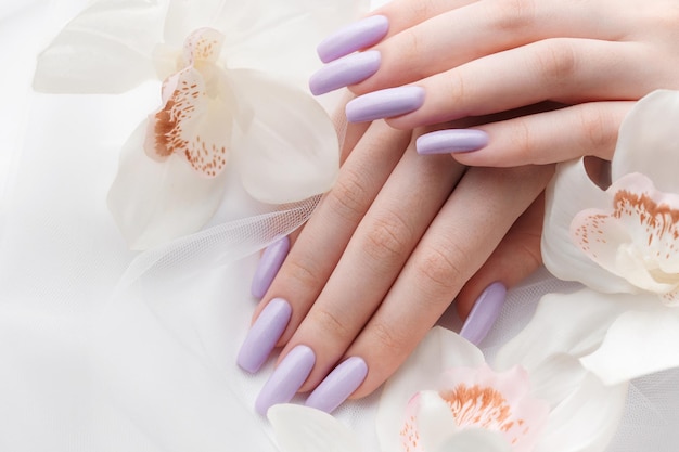 Girl's hands with delicate purple manicure and orchid flowers