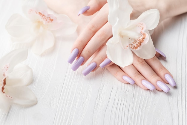 Le mani della ragazza con delicata manicure viola e fiori di orchidea