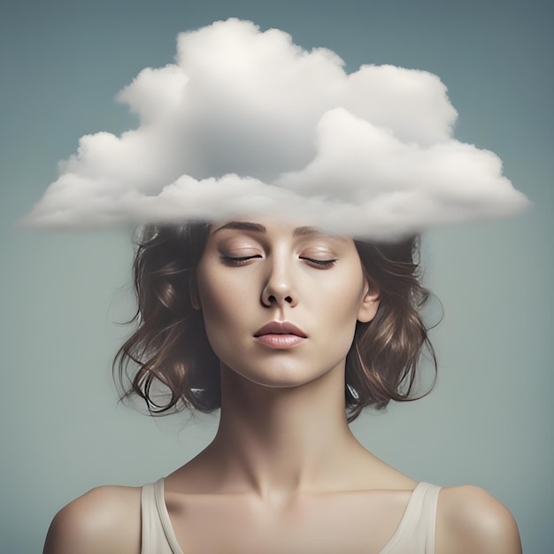 Girl's head in the cloud thinking concept