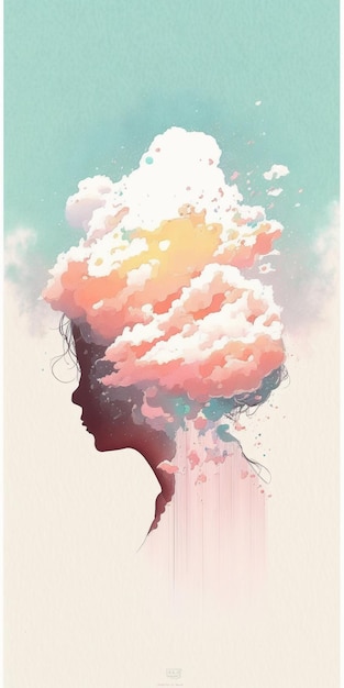 A girl's head with clouds in the sky