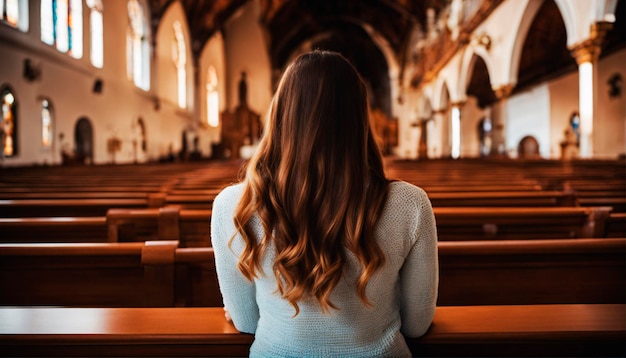 Photo girl's profound church prayer within sacred walls