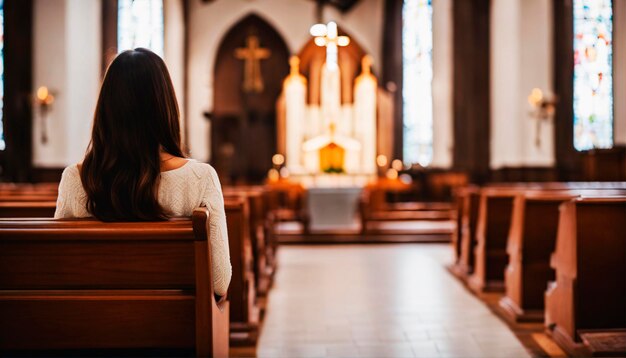 Foto la sacra solitudine di una ragazza all'interno della chiesa