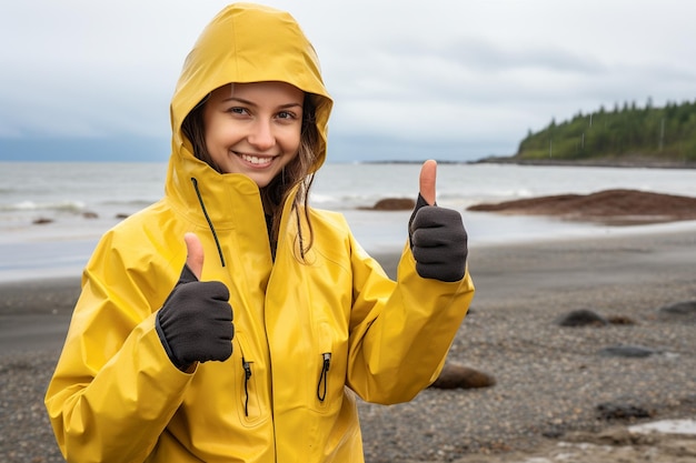 Photo the girl's thumbs-up with a waterproof rain jacket. generative by ai