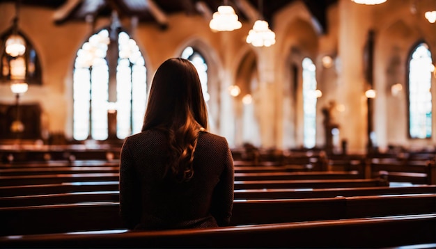 Photo girl's tranquil church prayer and quiet contemplation