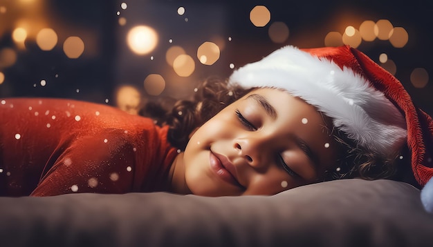 산타클로스 모자를 쓴 소녀가 침대에서 자고 있다