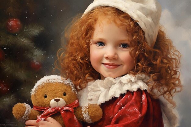 a girl in a santa hat holds a teddy bear.