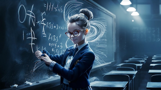 a girl in a school uniform is writing on a blackboard