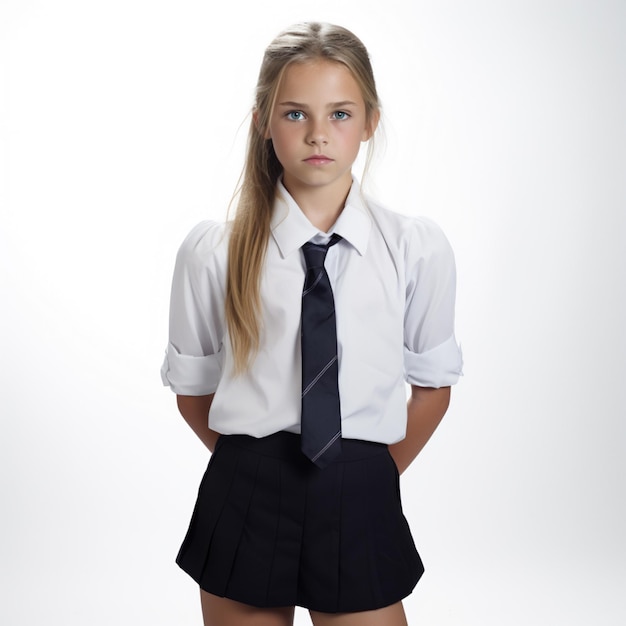 Girl in school uniform on white background AI Generative