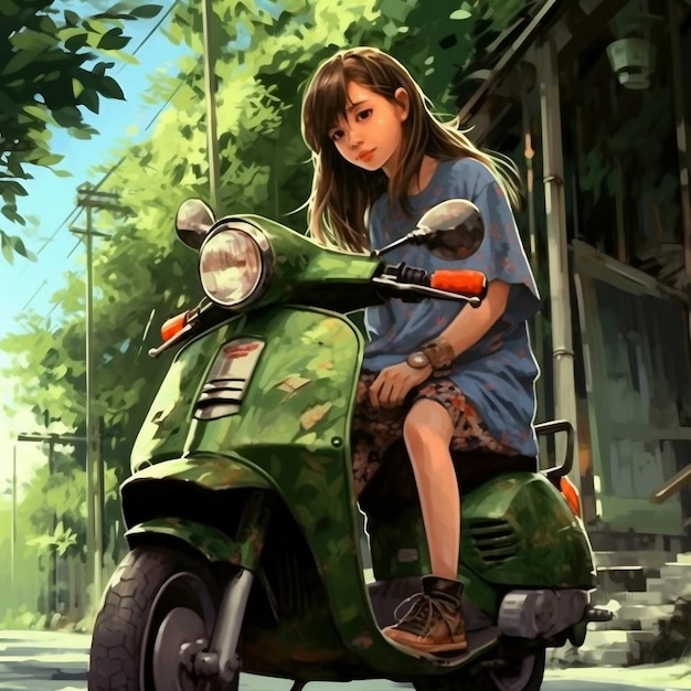 A girl on a scooter is riding on a street.