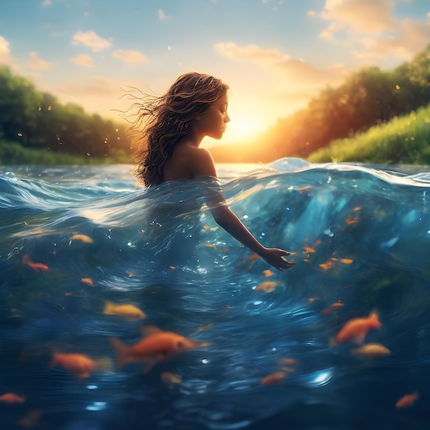 Girl in the sea Underwater world 3d illustration